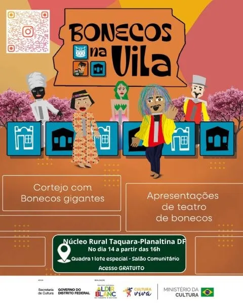 Cartaz de Bonecos na Vila: cortejo com bonecos gigantes e teatro de bonecos no Núcleo Rural Taquara, em Planaltina