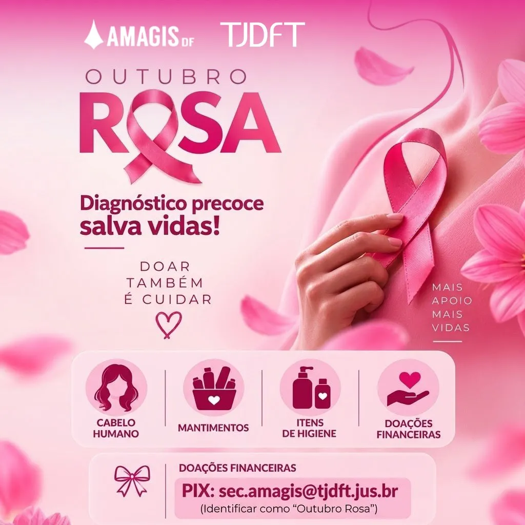 Arte da campanha Outubro Rosa do TJDFT e da AMAGIS-DF, com os itens aceitos para doação
